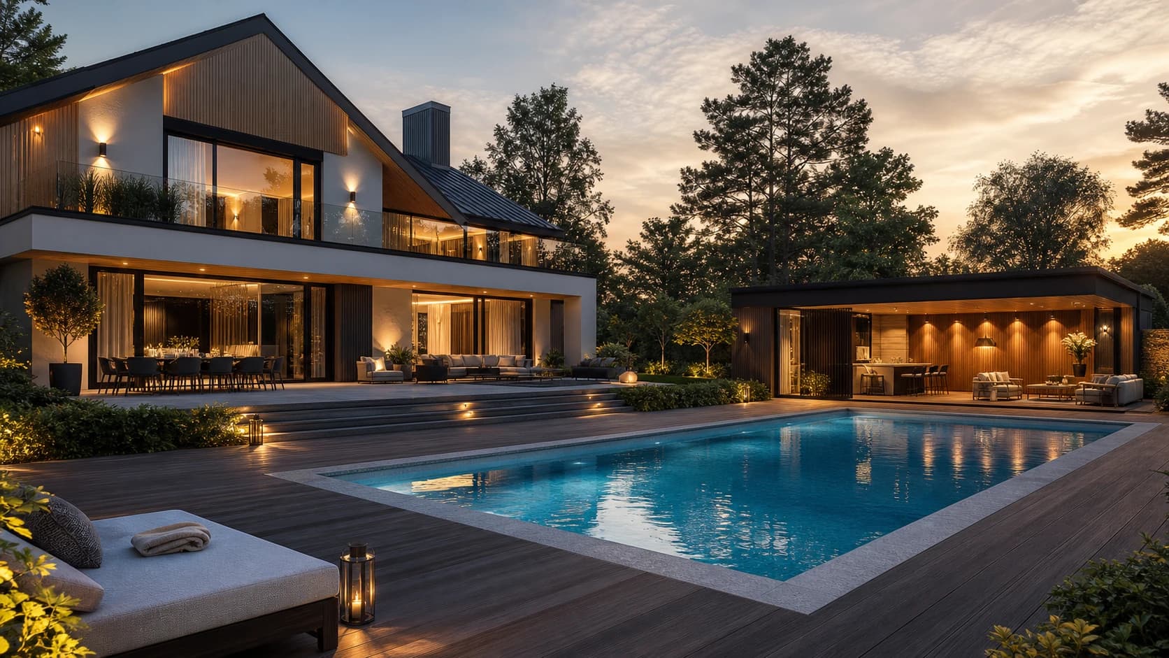 Premium villa med pool, poolhus och kvällsljus