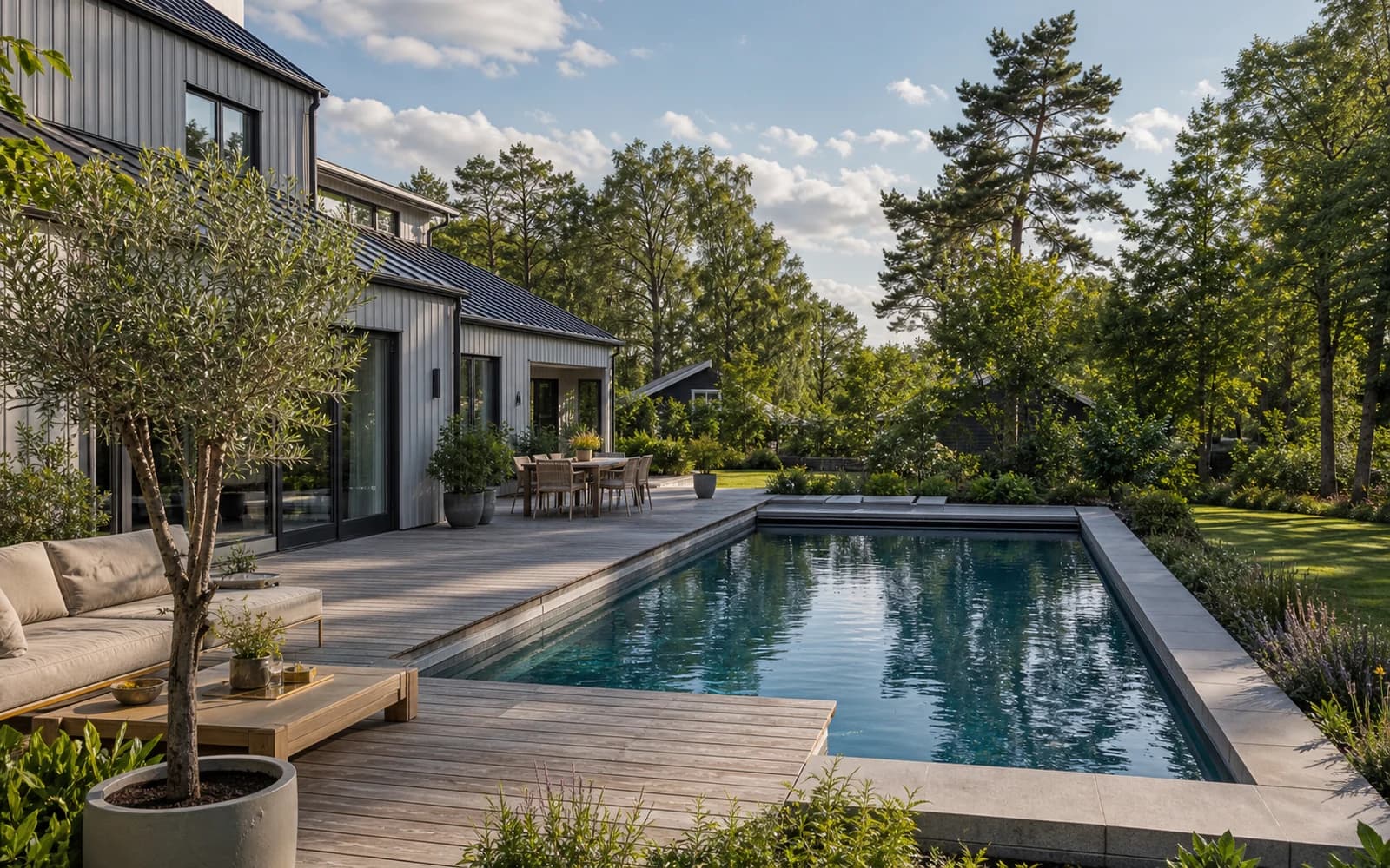 Naturlig villaträdgård med gräsmatta, stenytor och poolmiljö